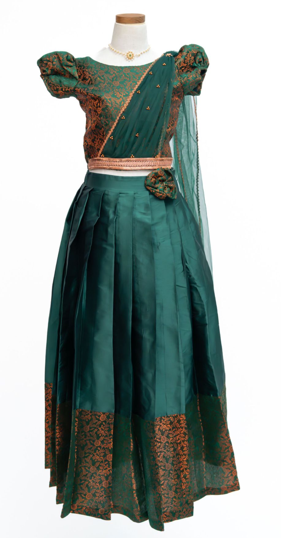 Dark Gree Pattu Pavadai set with Detachable belt dupatta