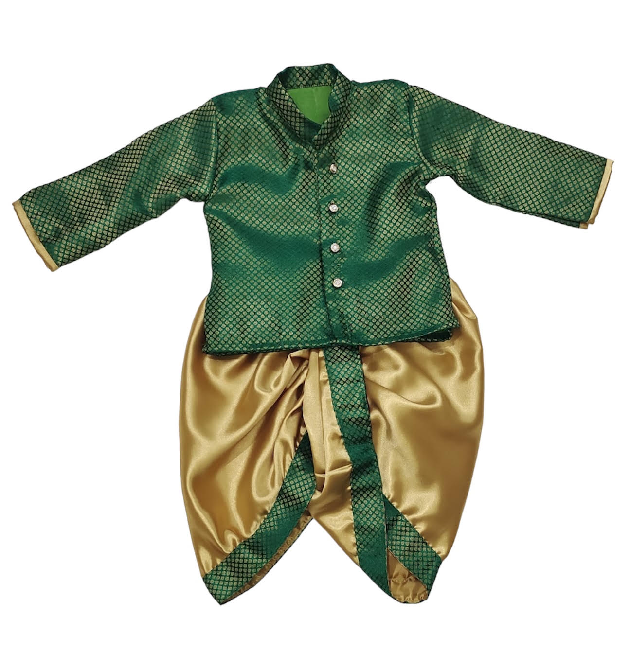 Infant Boys Green and Gold Silk Blend Kurta and Dhoti Set