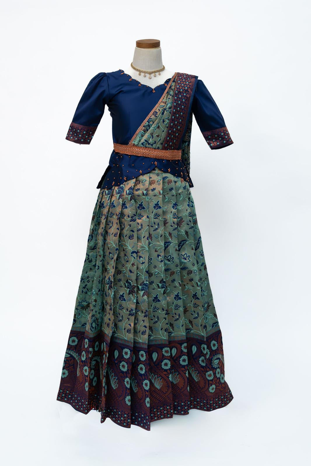 Navy Blue and Teal patterned Pattu Pavadai set with detachable belt dupatta