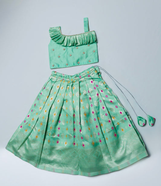 Aqua Green Oasis: One-Shoulder Top & Matching Silk Lehenga Set