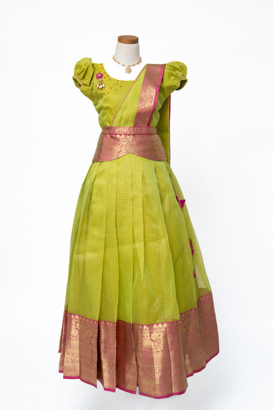 Traditional Green and Pink Pattu Pavadai