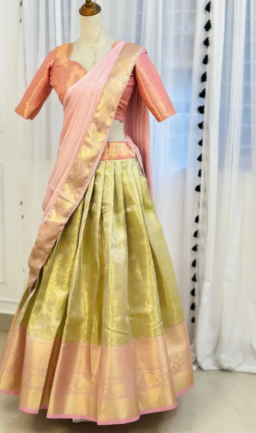 Baby Pink and Gold Halfsaree set with a Crinkle Dupatta
