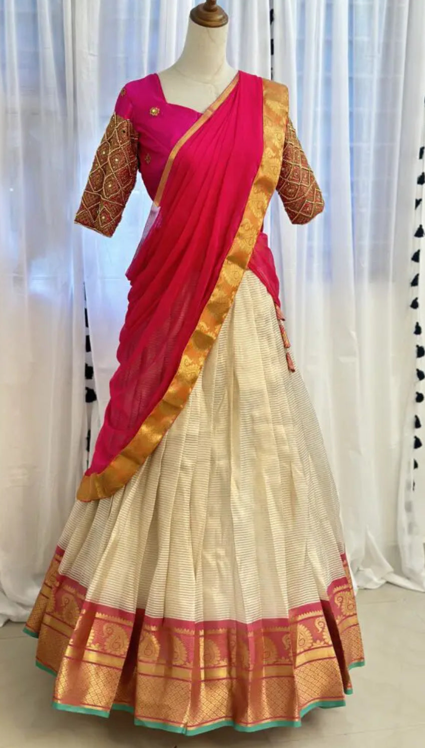 Fuchsia and White Halfsaree set with Full Aari work Sleeve