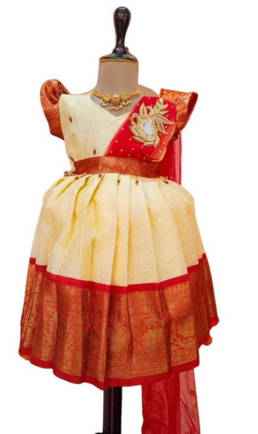 Off-White and Red Frock set with detachable Dupatta