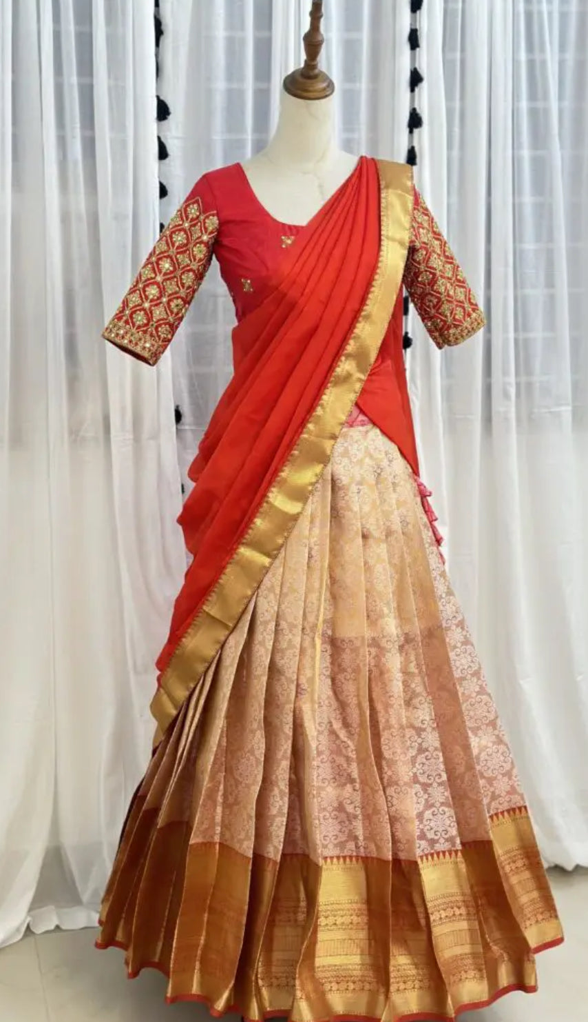 Red and Gold Halfsaree set with full Aari worked Blouse.