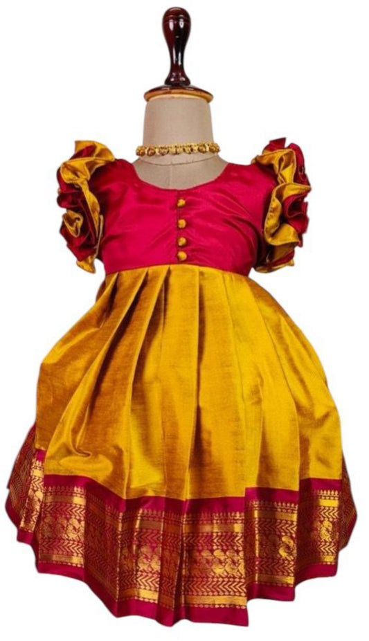 Ruffled Sleeve Mustard and Purple Frock