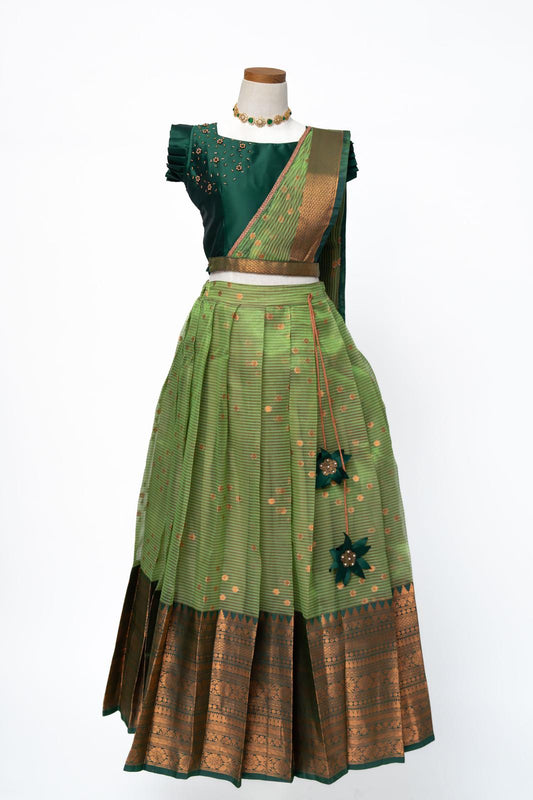 Dark Green top with apple green skirt and dupatta