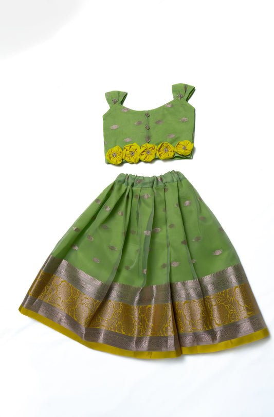 2 Piece - Green Top with Floral Border and Skirt with Pattu Border.
