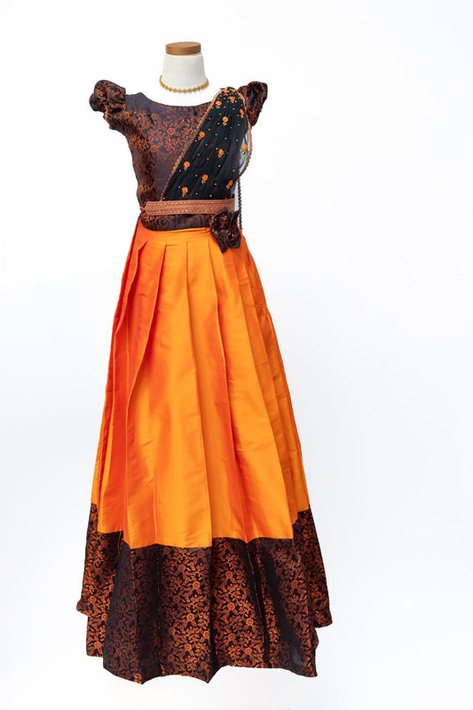 Orange and Black Pattu Pavadai set with Detachable dupatta