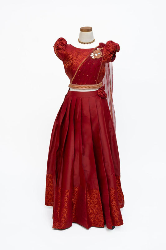 Red Pattu Pavadai set with Detachable belt dupatta